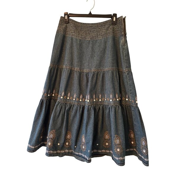FRN By Fransa Bohemian Denim Skirt With Embroidered Details Tiered Design M.L - Picture 1 of 13